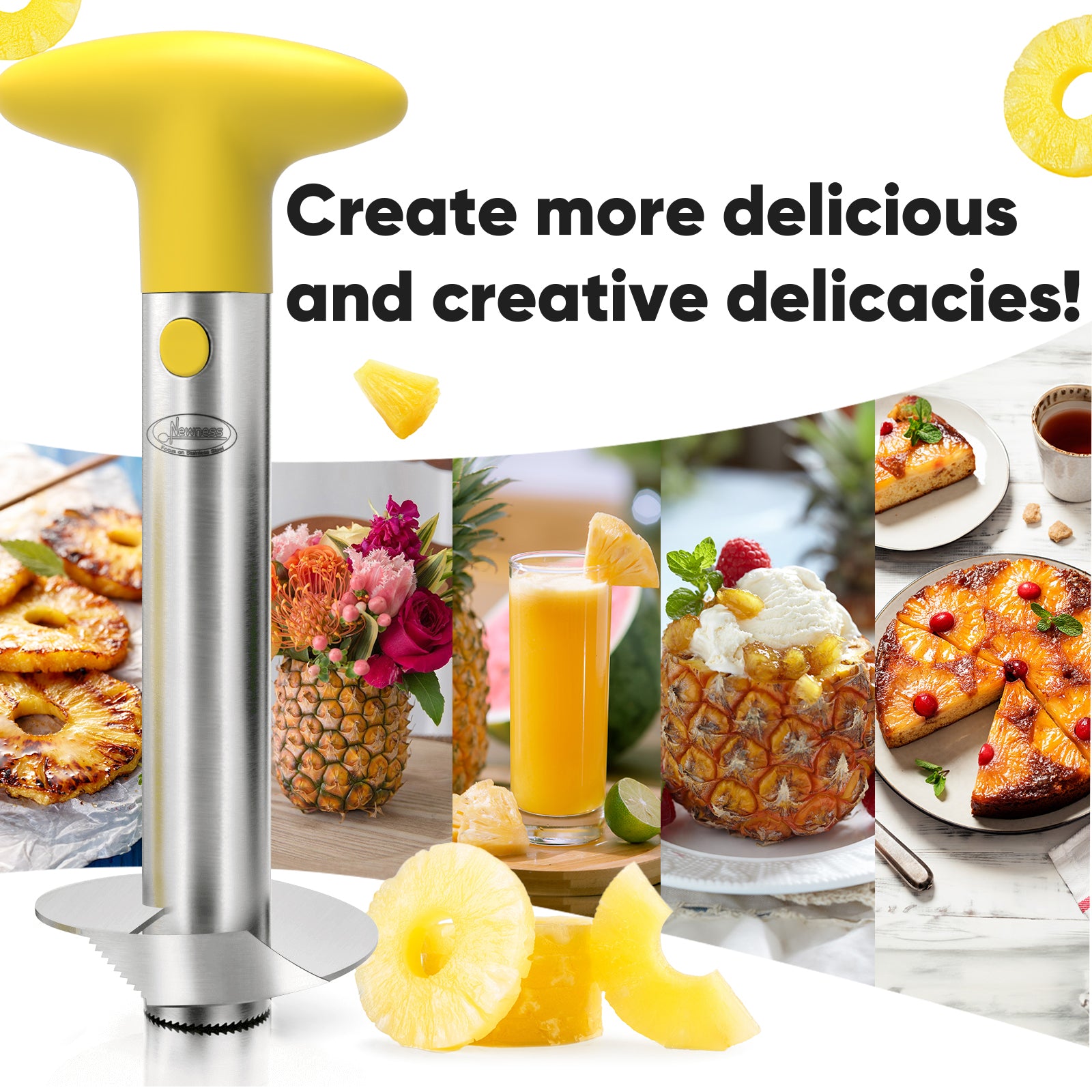 Pineapple Corer, [Upgraded, Reinforced, Thicker Blade] Newness Premium Pineapple Corer Remover, Stainless Steel Pineapple Core Remover Kitchen Tool with Sharp Blade for Diced Fruit Rings, Yellow